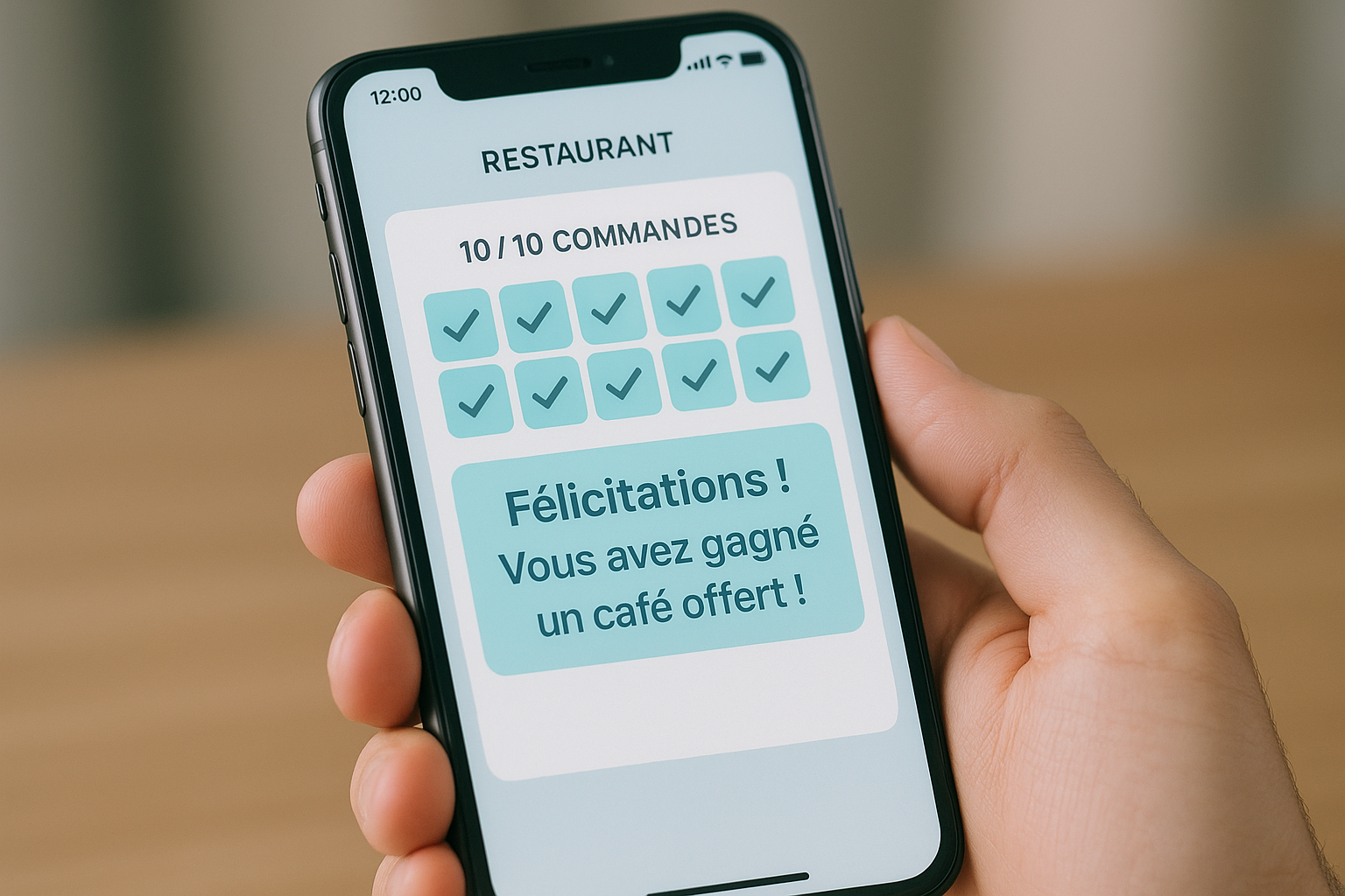 Montage montrant un téléphone avec une offre de fidélité et un client heureux dans un café